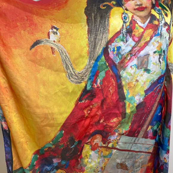 100% Silk Scarf Made in Mongolia Abstract Portrait Woman Watercolor Art to Wear - Picture 5 of 8